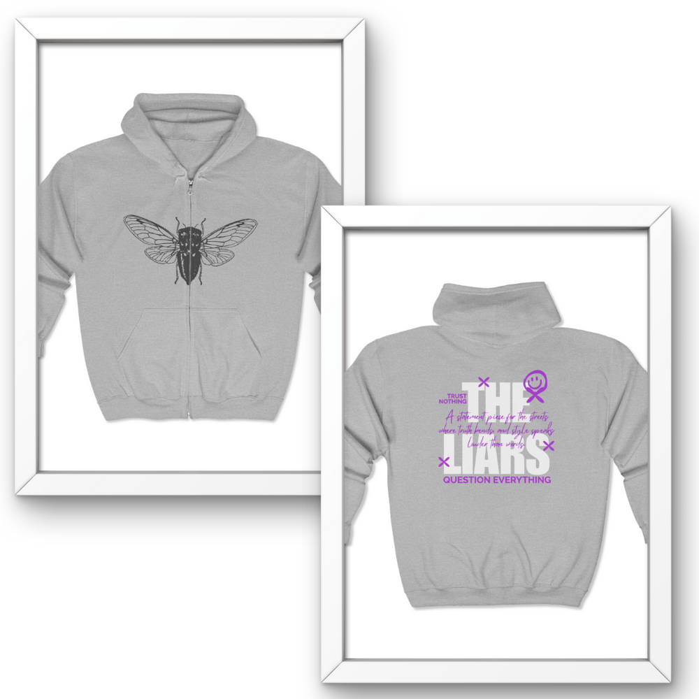 Gray hoodie with cicada design and text on a white background