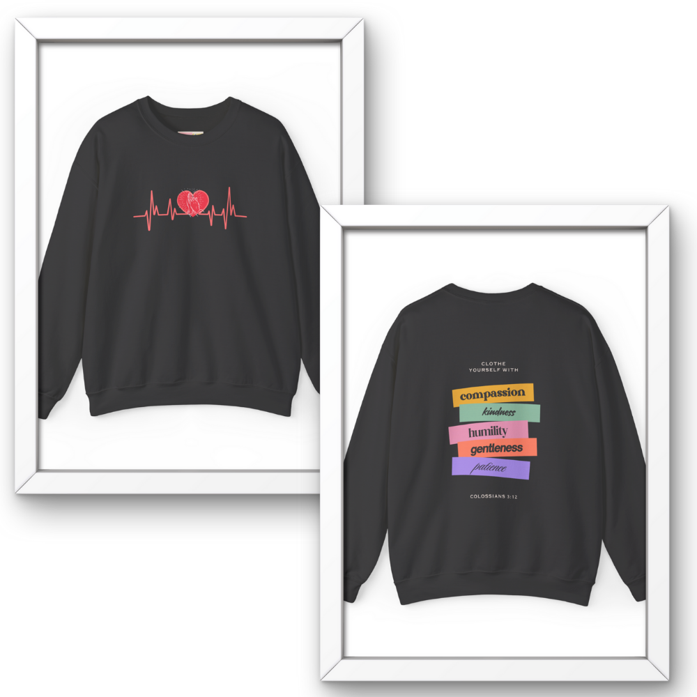 Black sweatshirt with heart and pulse design on front, and motivational phrases on back, displayed in frames.