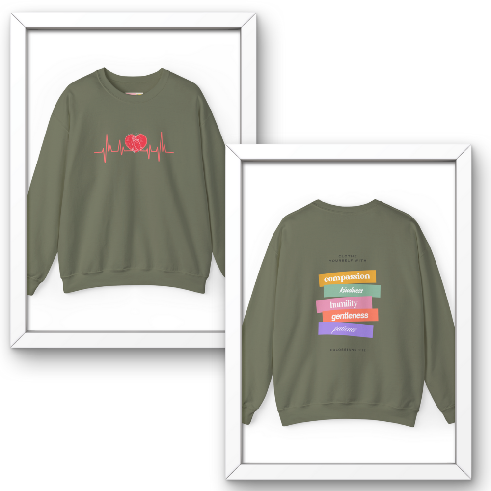 Green sweatshirt with heart rate monitor design on front and motivational phrases on back, displayed in frames.