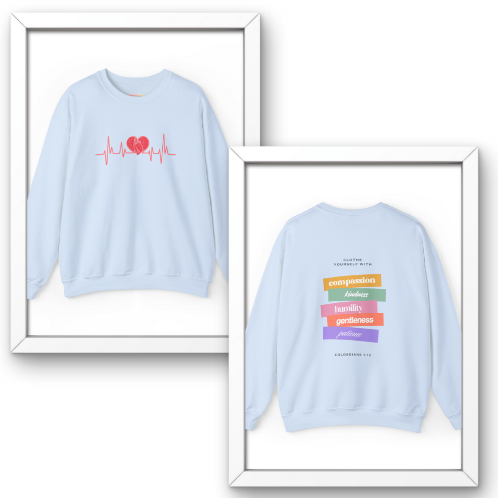 Light blue sweatshirts with graphic designs on a white background