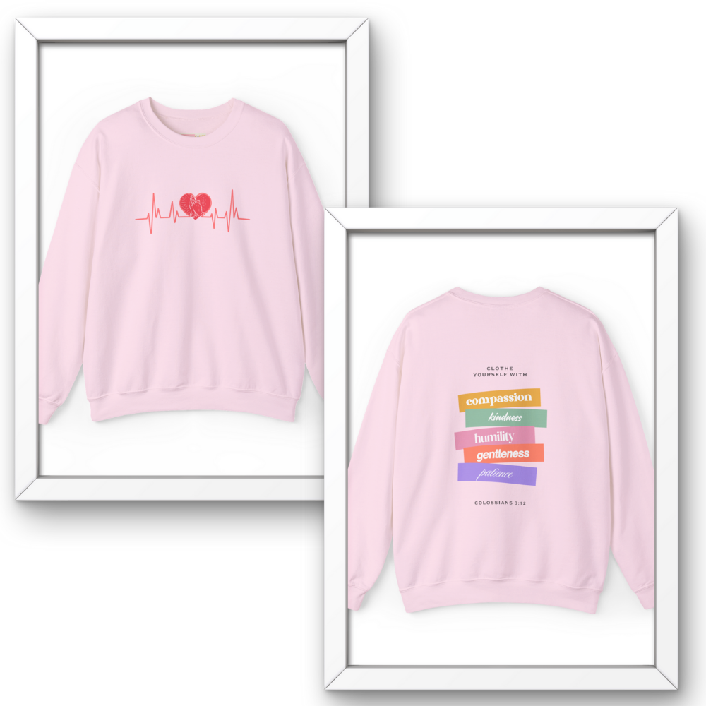 Two pink sweatshirts with text and graphics on a white background