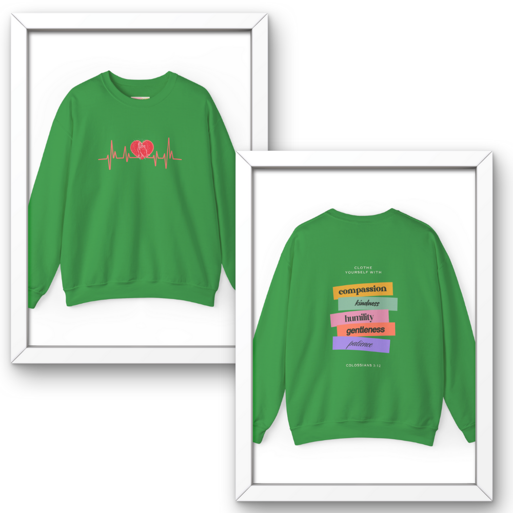 Green sweatshirt with heart design and text on a white background