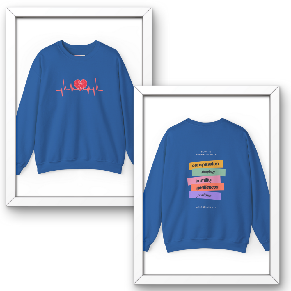 Blue sweatshirt with heart design and text on a white background