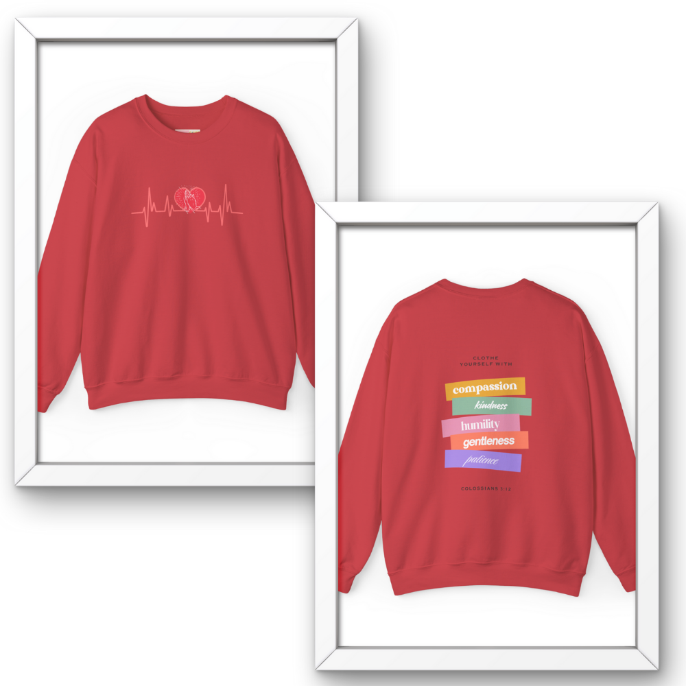 Red sweatshirt with front and back designs on a white background