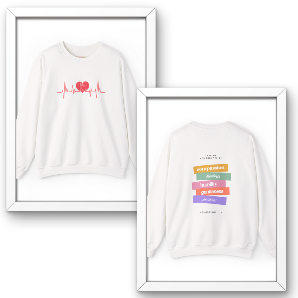 Two white sweatshirts with printed designs on a white background