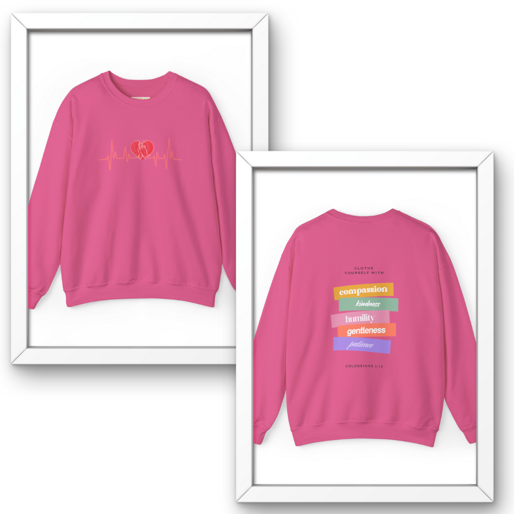 Pink sweatshirt with front and back designs on a white background