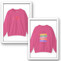 Pink sweatshirt with front and back designs on a white background