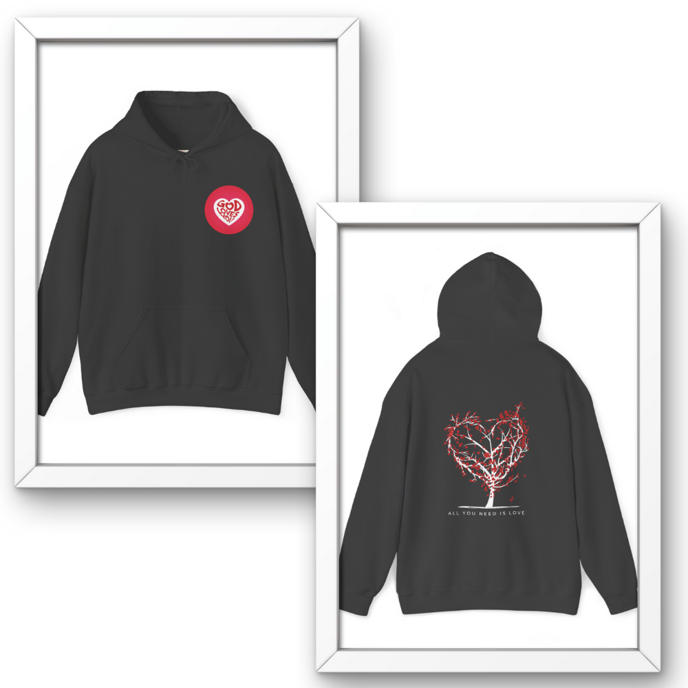 Black hoodie with red heart design on front and back, displayed in white frames.