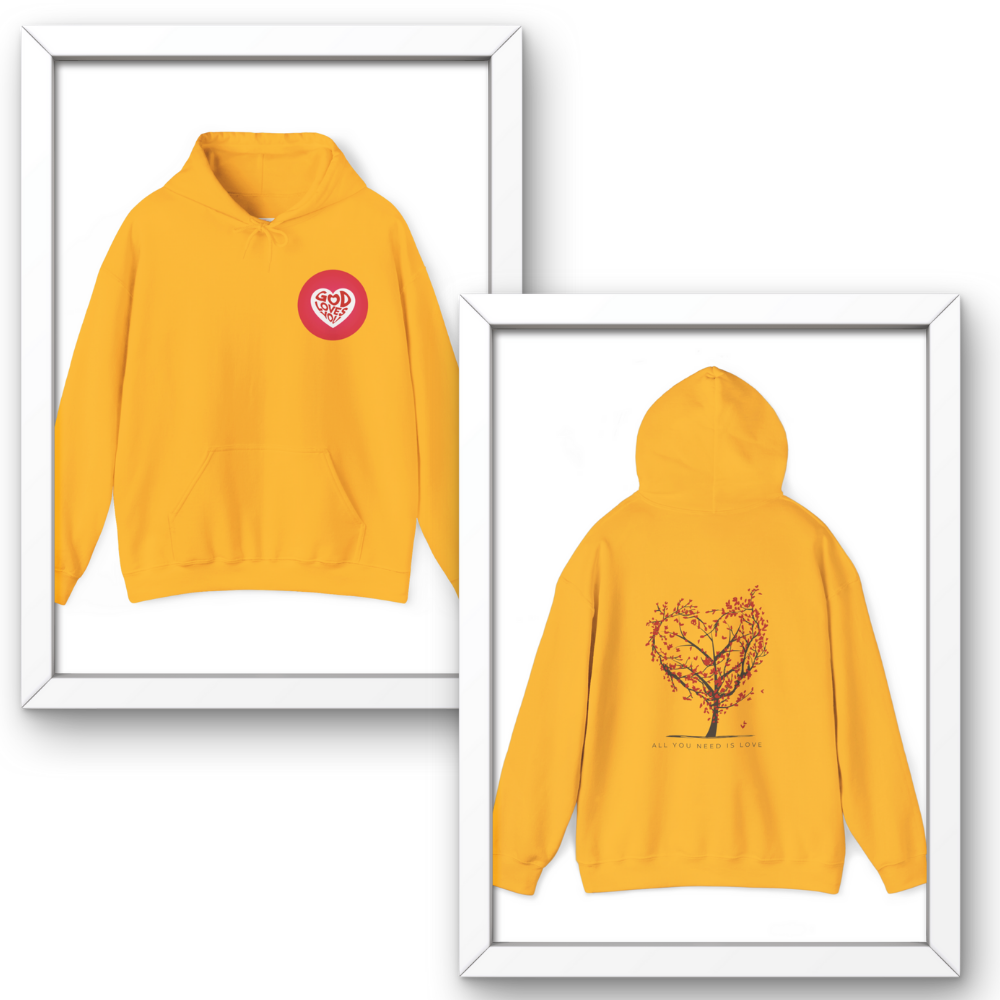 Two yellow hoodies with different designs on a white background
