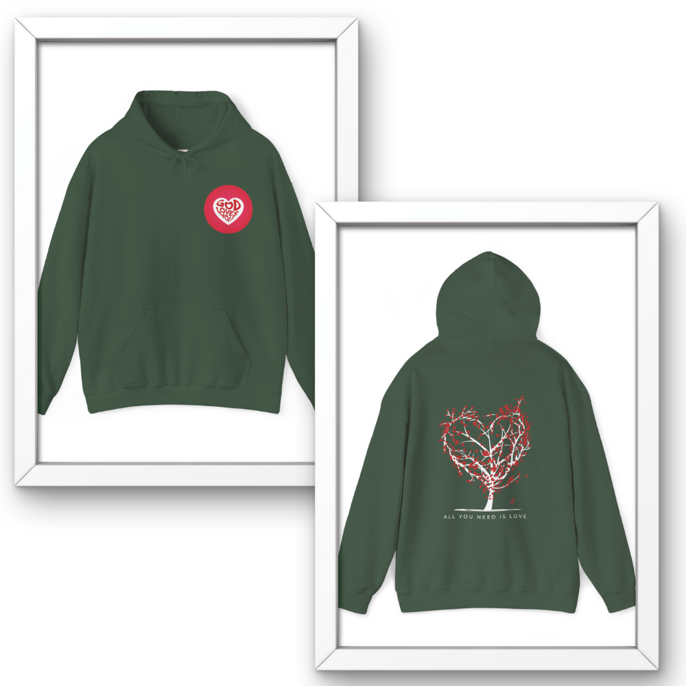 Green hoodie with red heart design on front and back, framed against a white background