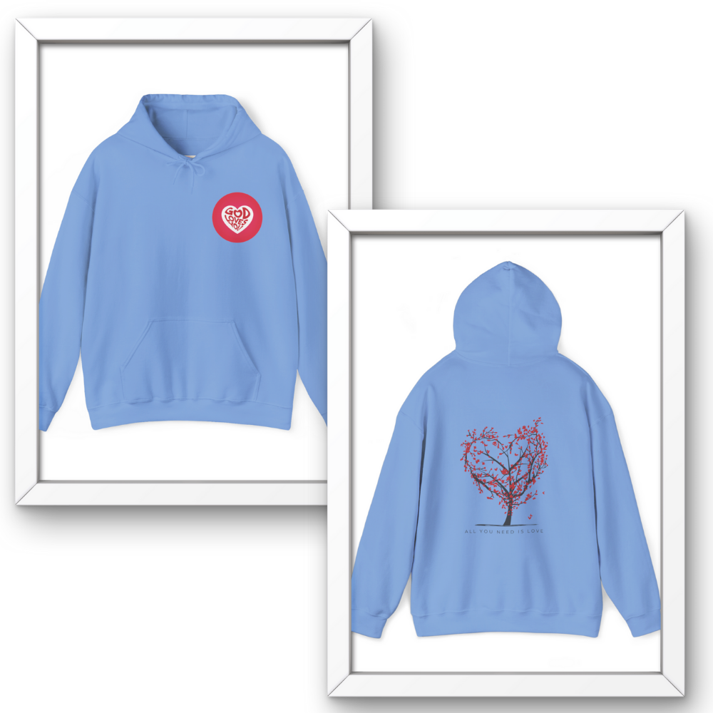 Light blue hoodie with red heart design on front and tree design on back, framed against a white background.