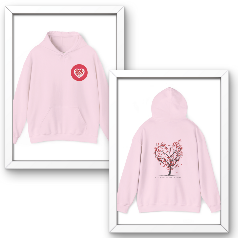 Two pink hoodies with different designs on a white background