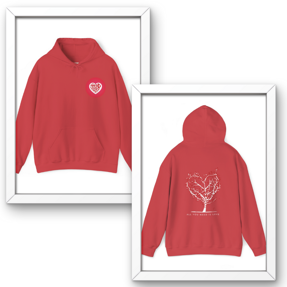Red hoodie with a heart design on the front and a tree design on the back, displayed in white frames.