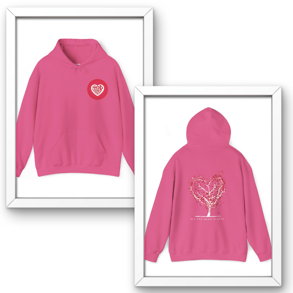Pink hoodie with a heart design on the front and tree design on the back, framed against a white background.