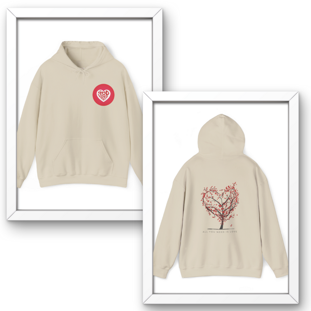 Beige hoodie with red heart design on front and tree design on back, framed against a white background.