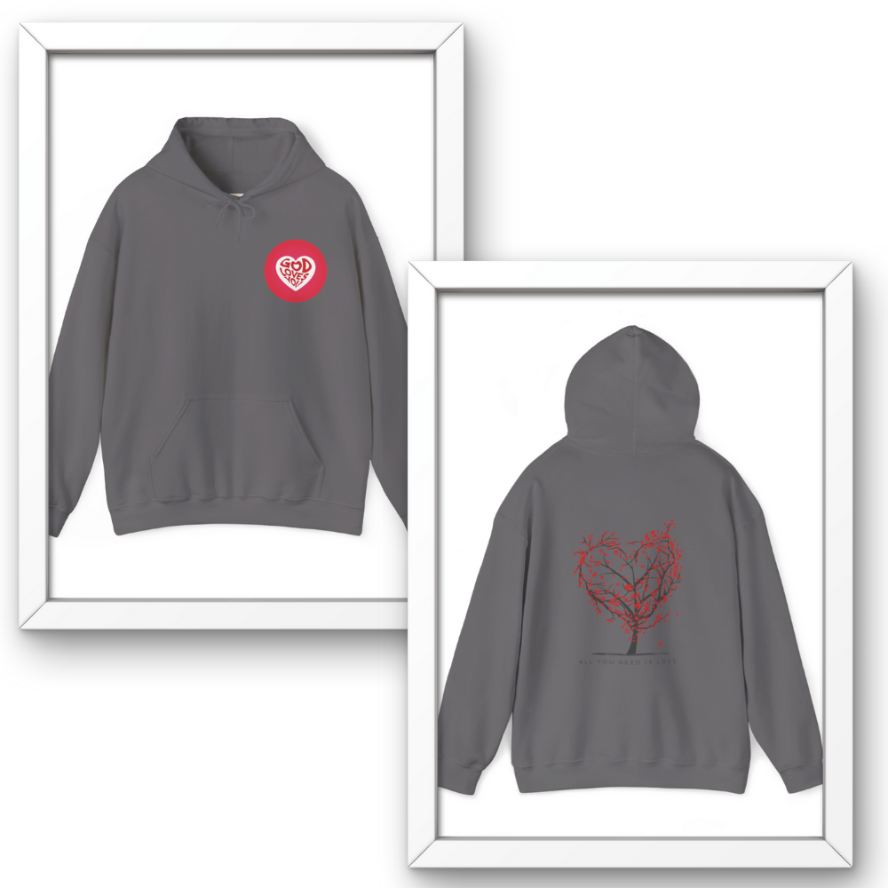 Gray hoodie with red heart design on front and back, framed against a white background.