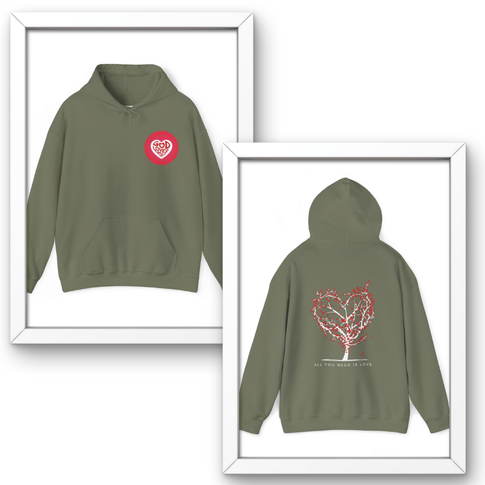 Green hoodie with red heart design on front and back, framed against a white background.