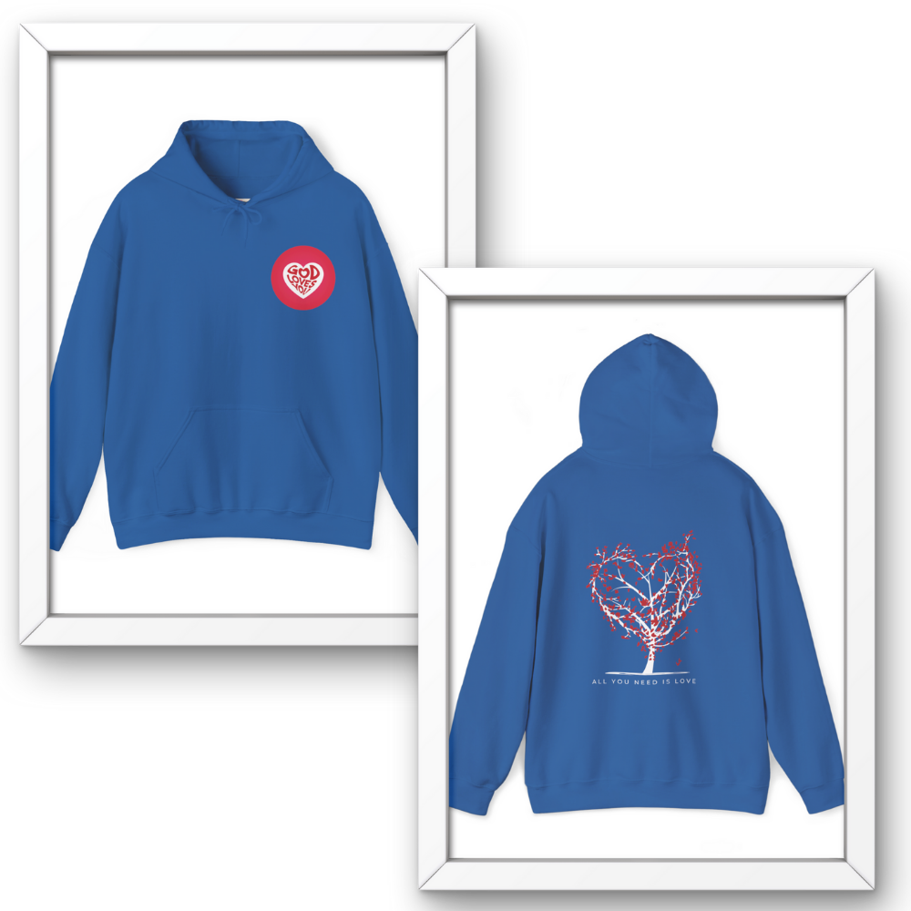 Blue hoodie with red heart design on front and back, framed against a white background