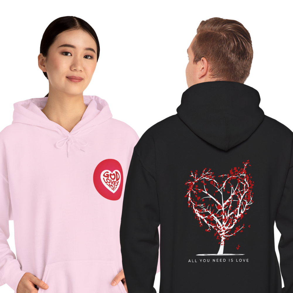 Pink hoodie with red heart design on front, black hoodie with tree of life and 'All You Need is Love' text on back