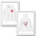 White hoodie with red heart design on front and tree design on back, framed against a white background.