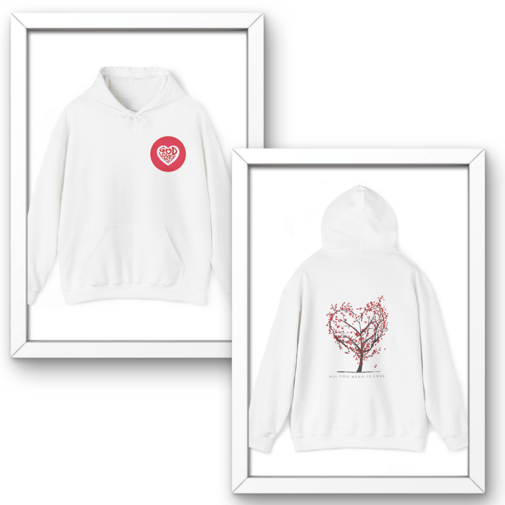 White hoodie with red heart design on front and tree design on back, framed against a white background.