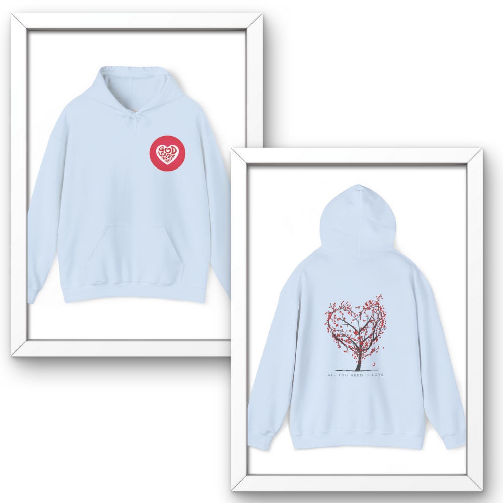 Light blue hoodie with red heart design on front and cherry blossom tree on back, displayed in white frames.