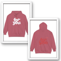 Pink hoodie with text on front and back, framed against a white background