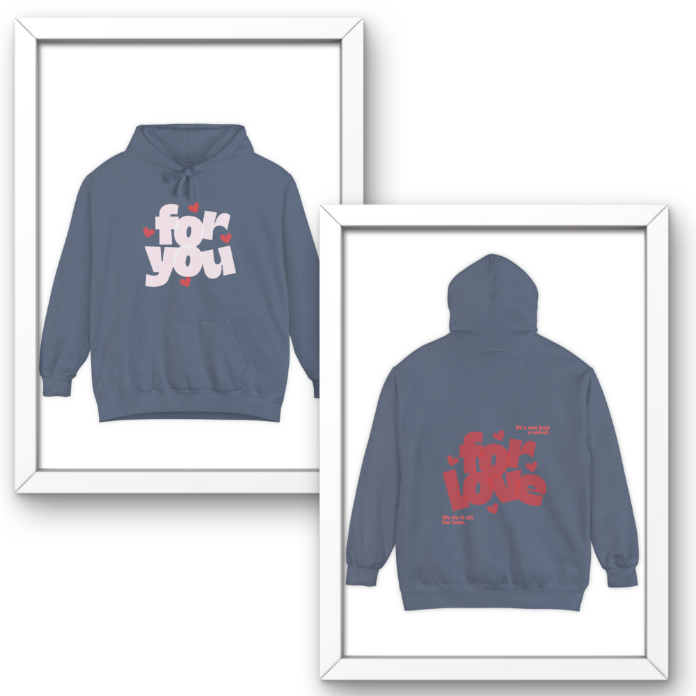 Blue hoodie with text on front and back, framed against a white background