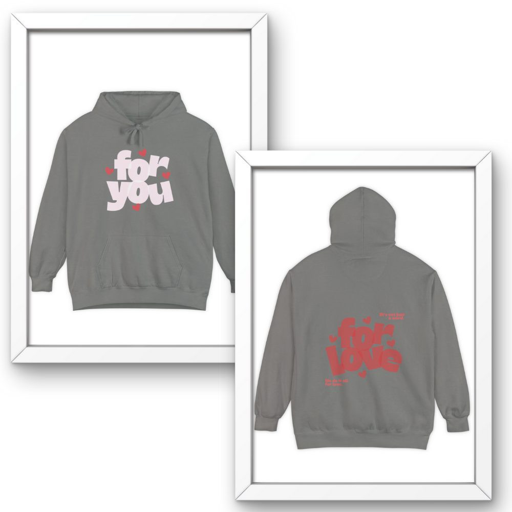 Gray hoodie with front and back text displayed in white and red frames.