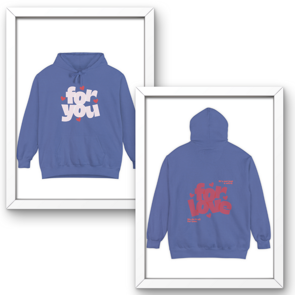 Blue hoodie with text design on a white background