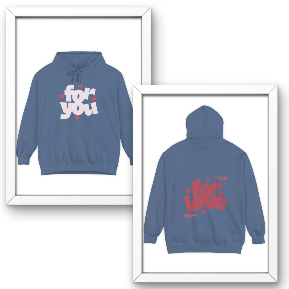 Blue hoodie with text design on front and back, framed against a white background