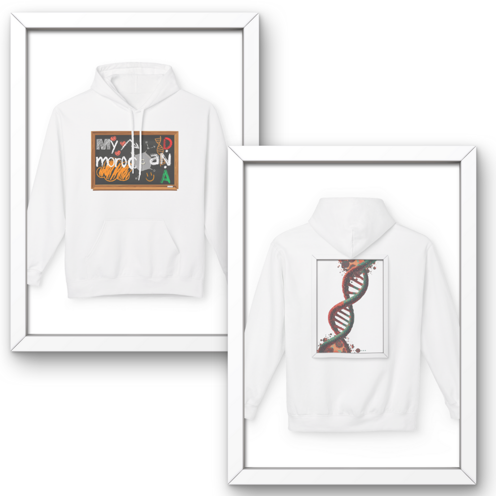Two framed white hoodies with colorful designs on a white background