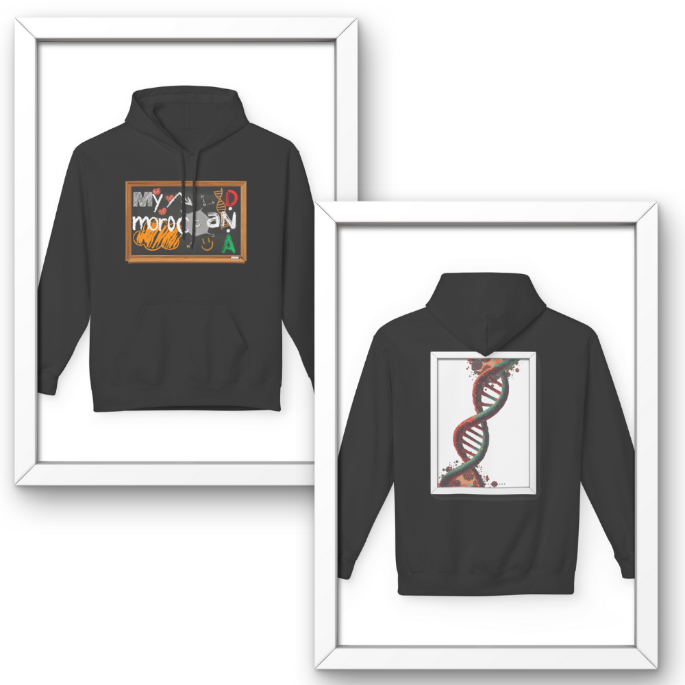 Black hoodie with front and back designs displayed in frames. Moroccan DNA