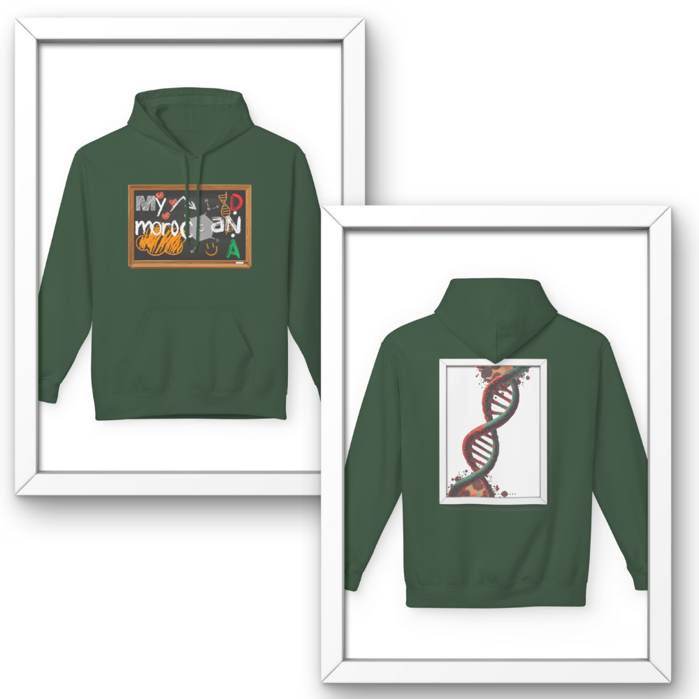 Green hoodie with front and back designs displayed in frames. Moroccan DNA