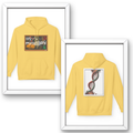 Yellow hoodie with front and back designs displayed in white frames. Moroccan DNA