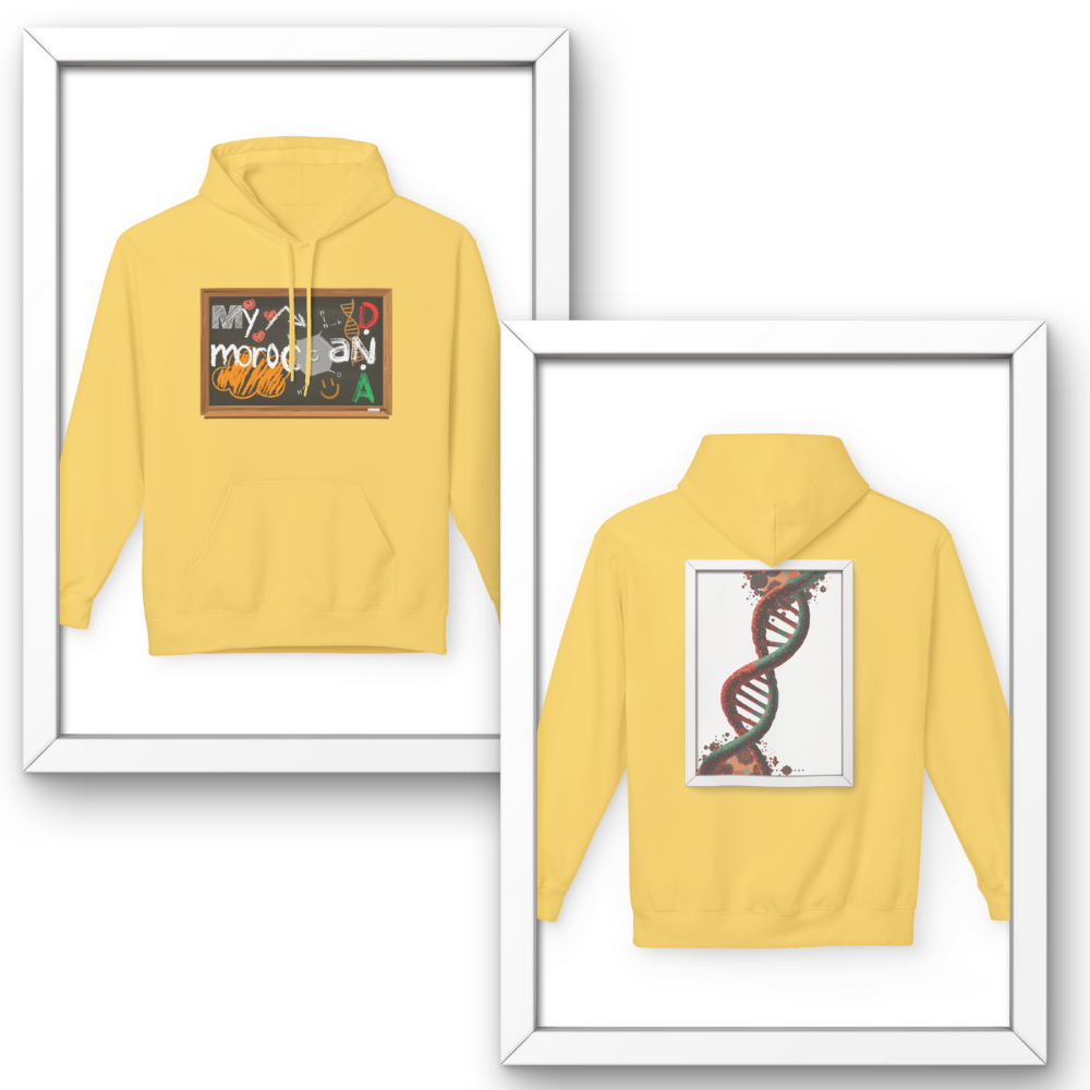 Yellow hoodie with front and back designs displayed in white frames. Moroccan DNA