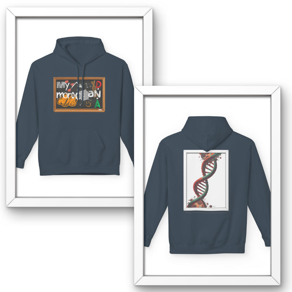 Navy blue hoodie with front and back prints displayed in frames. Moroccan DNA