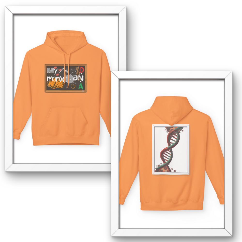 Orange hoodie with front and back designs displayed in white frames. Moroccan DNA