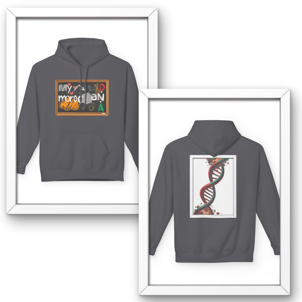 Gray hoodie with front and back designs displayed in frames. Moroccan DNA