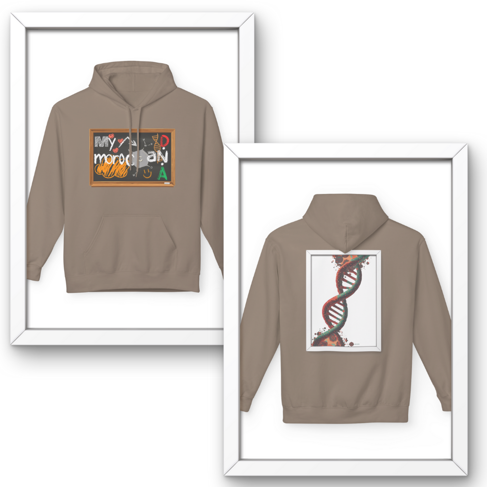 Brown hoodie with front and back designs displayed in frames. Moroccan DNA