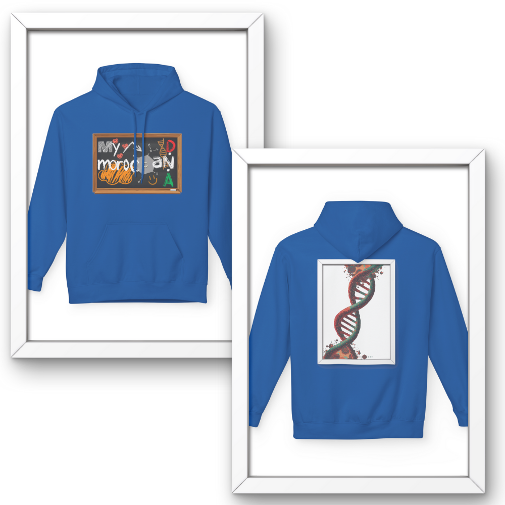 Blue hoodie with front and back designs displayed in white frames. Moroccan DNA