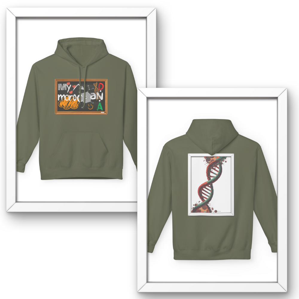 Green hoodie with front and back designs displayed in white frames. Moroccan DNA