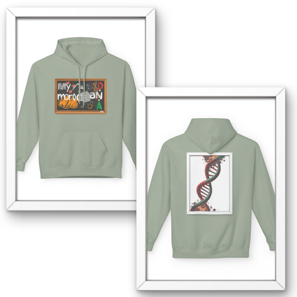 Green hoodie with front and back designs displayed in frames. Moroccan DNA