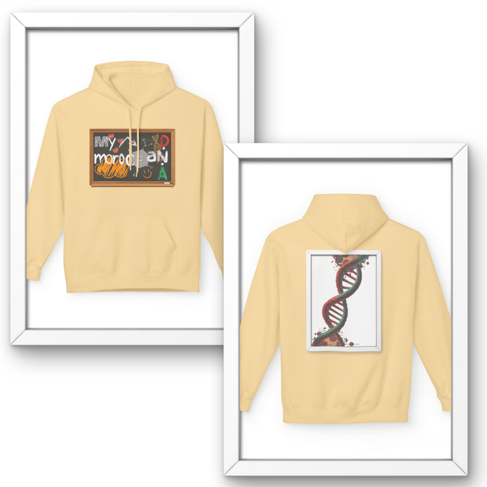 Yellow hoodie with front and back designs displayed in white frames. Moroccan DNA