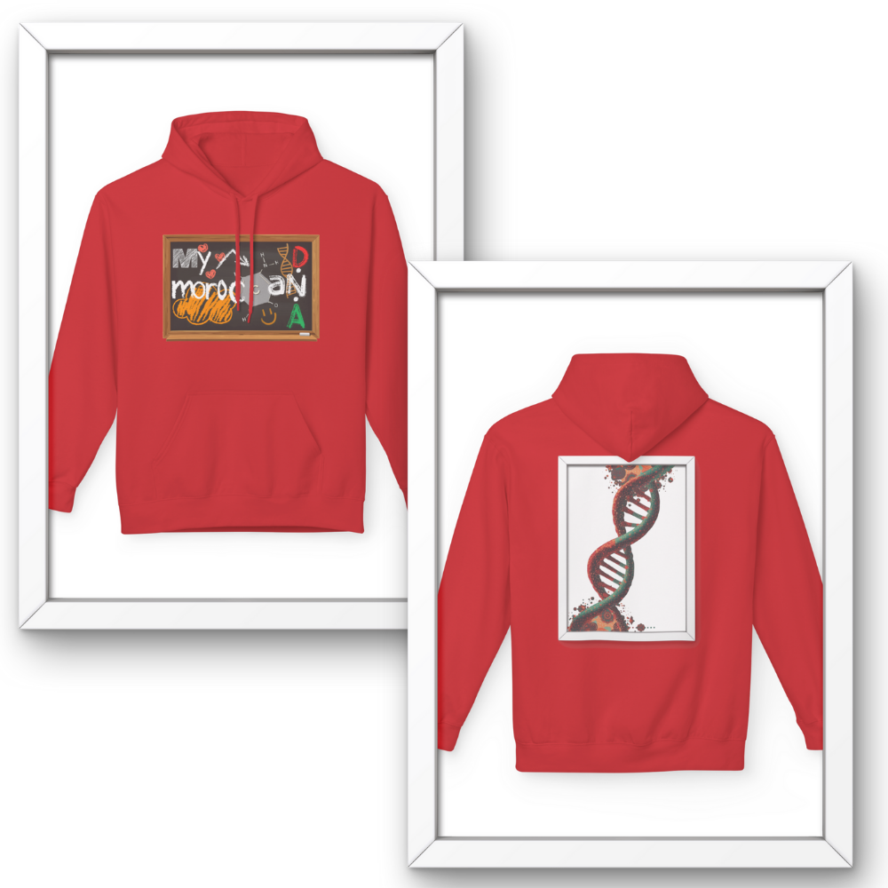 Red hoodie with front and back designs displayed in white frames. Moroccan DNA