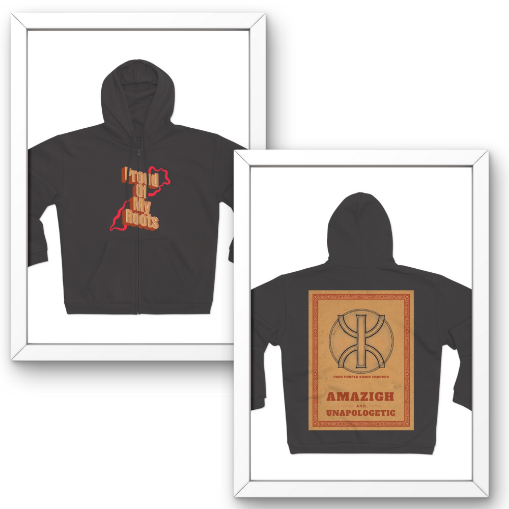 Two framed images of a black hoodie with text and graphics on a white background
