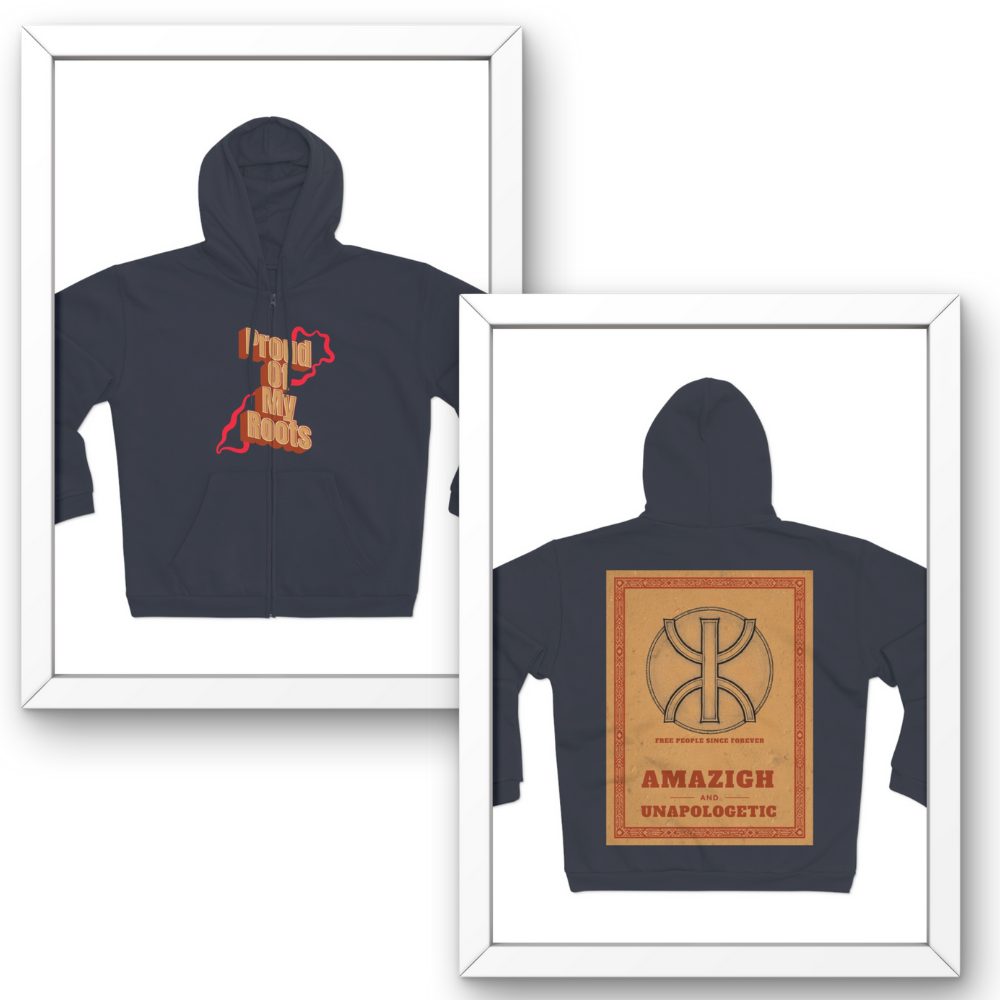 Two framed images of a hoodie with text and graphics on a white background