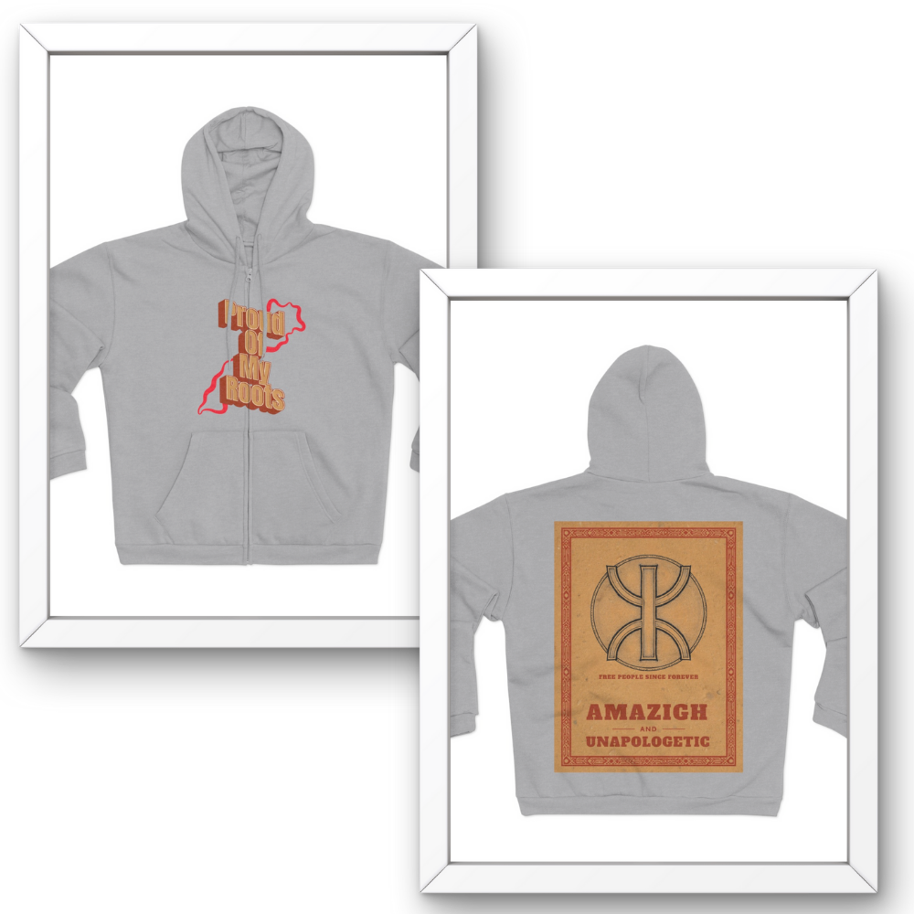 Gray hoodie with red and orange text and graphics on a white background