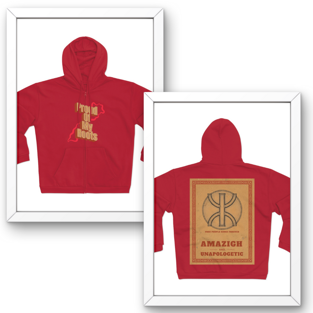 Red hoodie with text and graphics on front and back, framed against a white background