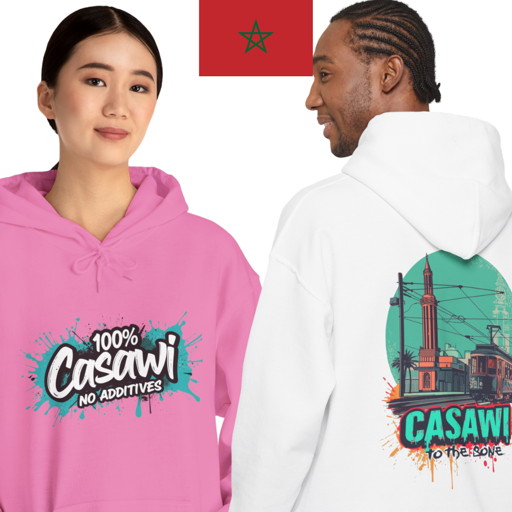 Two people wearing hoodies with 'Casawi' branding and designs.